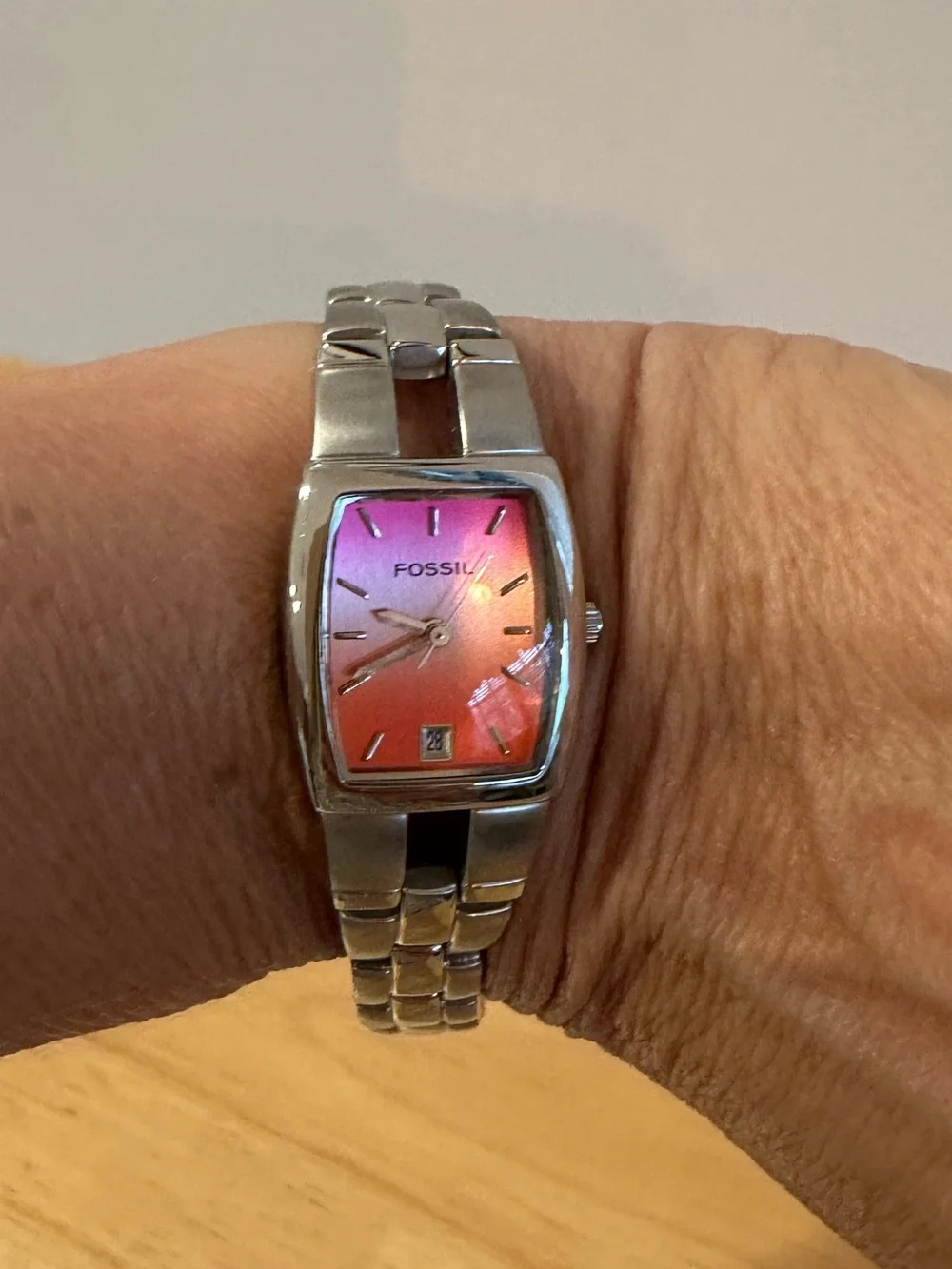 Fossil Silver Bracelet Watch with Pink-to-Orange Gradient Dial NWT